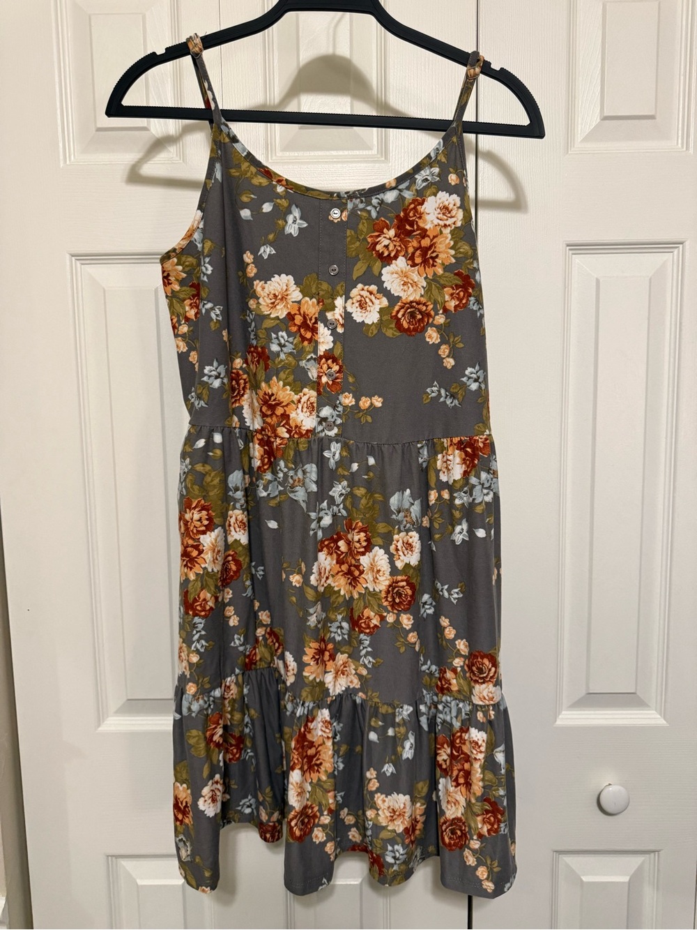 J for Justify Gray Floral Midi Dress with Rust and Cream Blooms